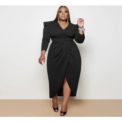 2021 Spring Women V Neck Long Sleeve Solid Casual Dress Plus Size High Waist Split Front Elegant Party Dress Maxi Long Dresses