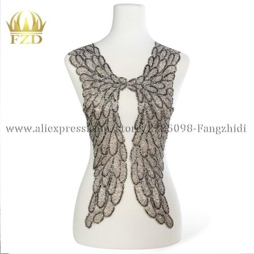 1Piece Wing Style Handmade Hot Fix Black and Clear Beaded Applique Patches with Gauze for DIY Wedding Dress and Evening Dress