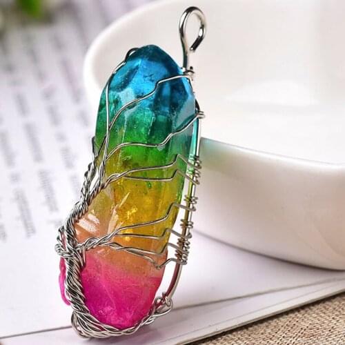 1PC Natural Crystal Tree Of Life Pendant Necklaces Electroplate Raw Crystals Reiki Amulet For Women Elegant Jewelry Charm Gifts