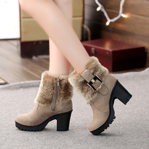 2020 Fashion High Heels Boots Women Winter Shoes Warm Fur Women Snow Boots Elegant Ladies Ankle Botas Square Heels 7cm N049