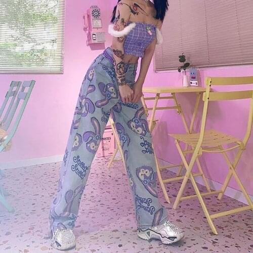 2021 Women Jeans Straight Pants Oversize Cartoon Rabbit Print Zipper Casual Female Long Trousers Large Size Mom Jeans High Waist