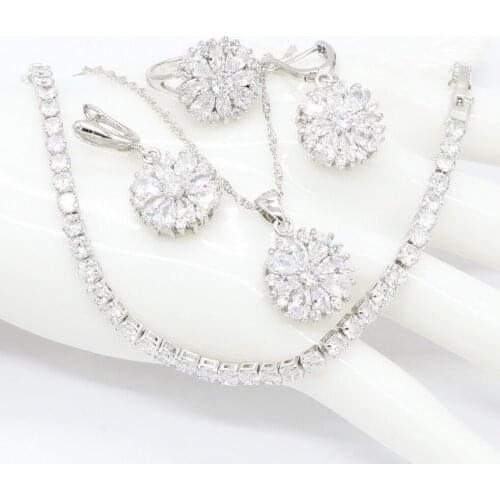 White Cubic Zirconia Sterling Silver Trendy Pendant Necklace Earring Bracelet Ring Jewelry Sets for women Fashion Gift