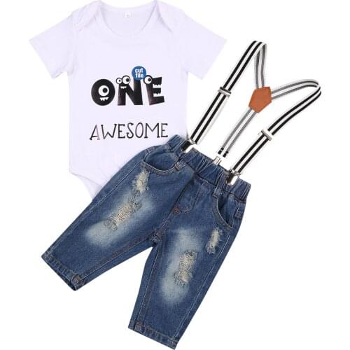 Citgeett Summer Infant Baby Boys Casual Outfits Cartoon Letter Printed Romper Denim Ripped Suspender Pants Gentleman Clothes Set