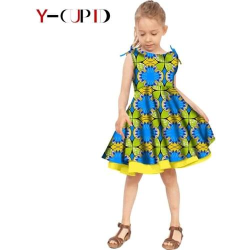 Kids African Clothing Ankara Print Patchwork Double Layers Bowtie Sleeve Dresses for Girls Bazin Riche Children Outfit YS204001