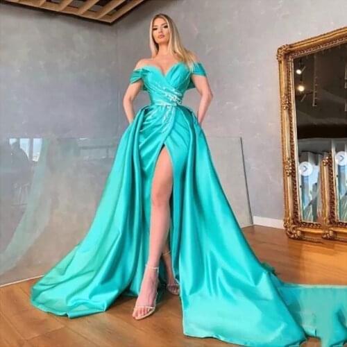 Tea Green Off The Shoulder Long Evening Dresses 2021 Beaded Train Arabic Special Occasion Dresses High Split Evening Party Gowns