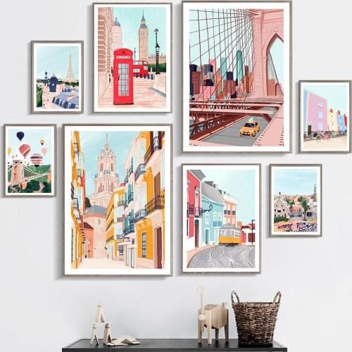 City Viewscape Painting Telephone Booth Canvas Poster Nordic Castle Style Art Print Gallery Wall Decoration Picture