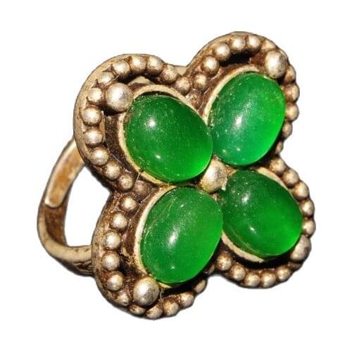 China Old Tibetan Silver Inlaid Emerald Flower Ring