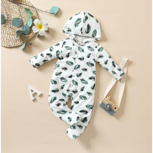 FOCUSNORM 0-12M Newborn Baby Boys Girls Jumpsuits Leaves Printed Long Sleeve Single Breasted Hooded Rompers