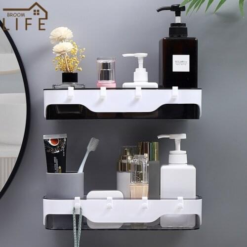 Wall-Mounted Storage Rack Punch-Free Bathroom Shelf Kitchen With Hooks Storage Organizer Bathroom Accessories Plastic Container