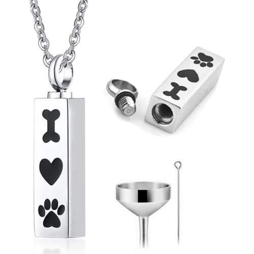 Pet Paw Heart Charm & Memorial Cat Dog Urn Necklace Stainless Steel Cube Pendant Cremation Jewelry Women Men