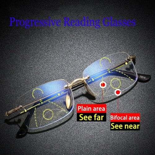 Diamond Cutting Bifocal Anti Blue Ray Reading Glasses Men Rimless Titanium Multifocal Vintage Presbyopia Glasses Gafas Para Leer