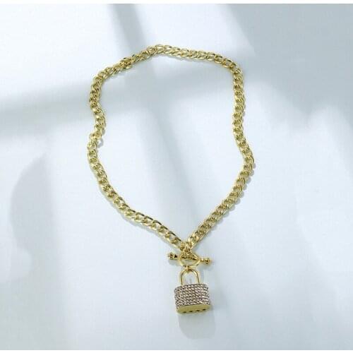TARCLIY Trendy Rhinestone Padlock Lock Pendant Necklace Minimalist Toggle Clasps Sweater Thick Chain Women Fashion Jewelry 2021