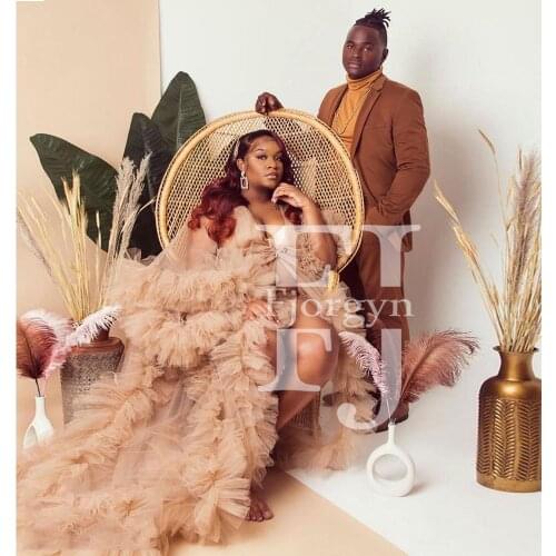 Sexy Long Woman Tulle Robes Sheer Baby Shower Party Gowns Ruffles Tiered Sweep Train Maternity Robes Vestido Puffy Tulle Dresses