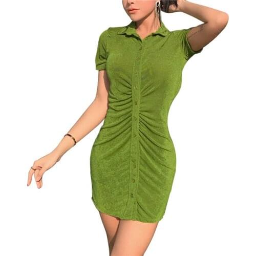 Women Fashion Short Sleeve Ruched Dress Stylish Buttons Solid Color Lapel Slim Dress Summer Warap Hip Pencil Dress For Female