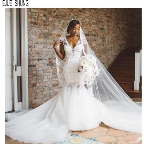 EJUE SHUNG Luxury Mermaid Wedding Dresses Cap Sleeves V Neck Backless Beads African Wedding Gowns Bride Dresses robe de mariee