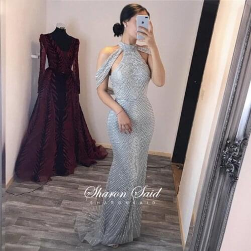 Luxury Silver Beaded Dubai Evening Dress Mermaid Gold Prom Dresses Slit Off Shulder Arabic Women Wedding Formal Party Gowns