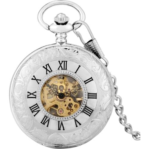 Silver Double Opened Mechanical Pocket Watch Hand Wind Roman Dial Flip Shield Design Back Cover Art Collectibles for Men Women