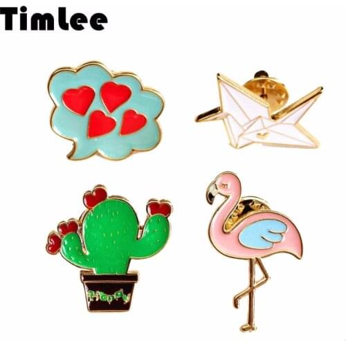 Timlee X291 Cartoon Cute Flamingo Enamel Pin Cactus Origami Bird Heart Design Metal Brooch Pins Wholesale
