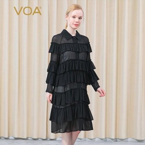 VOA Silk Georgette POLO Collar Long Sleeve Wave Cut Single Breasted Micro Transparent Relaxed Long Trench Coat Summer FE127