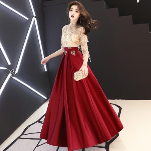 High-end Evening Dress 2019 New Fashion Half Sleeve Prom Dress a Line Banquet Party Dress High Neck Sequins Robe De Soiree