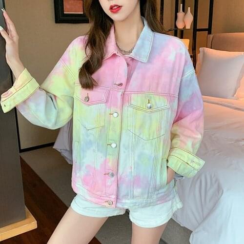 2021 Autumn New Korean Style Tie-dye Color Gradient Denim Jacket Female Loose Ins Long Sleeve Single Breasted Coat Tops Women