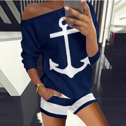 Hot style Boat Anchor Print Europe United States womens t-shirts printed shorts suit navy anchor two-piece fashion print women