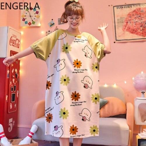 Short-sleeved Nightdress Cotton Womens Spring and Summer Thin Mid-length Skirt Dress Pajamas Cartoon Loose Casual Home Service
