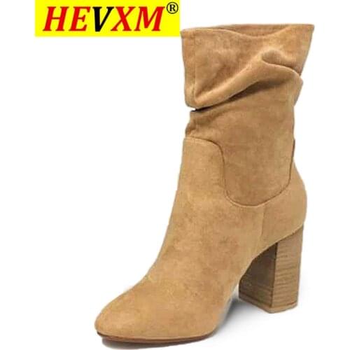 Women Leapard Mid Calf Boots Woman Pleated Suede Square High Heel Autumn Winter Female Shoe 2020 Ladies Casual Footwear Big Size