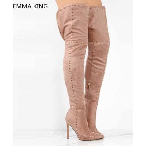 Sexy Pointed Toe High Heels Shoes Woman Over The Knee Boots Rivets Studded Flock Party Stiletto Heels Women Thigh High Long Boot