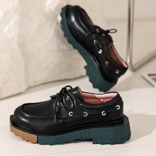 New women platform flat shoes mixed colors outsole genuine leather round toe lace-up Loafers shoes for ladies outdoor