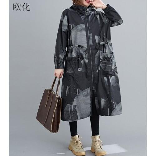 2020 New Autumn Plus Size Jacket Coat Women Long Sleeve Vintage Print Hooded Outerwear Female Loose Pocket Long Zipper Cardigans