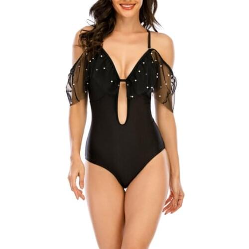 Womens Sexy Spot Printing Swimsuit Classic Mesh Sleeve Sling Bodysuit, Low Collar High Waist Swimming Suit
