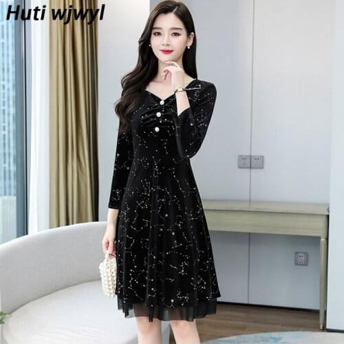 3XL Plus Size Autumn Winter Long Sleeve Dress 2021 Vintage Black Gold Velvet Warm Midi Dress Women Bodycon Party Casual Vestidos
