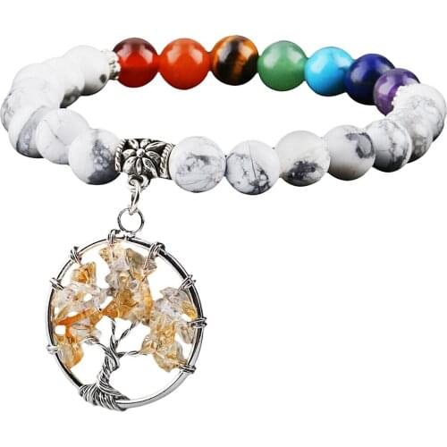 SUNYIK 8mm White Howlite Stone 7 Chakra Beads Bracelet Tree of Life Dangle Yoga Energy Reiki Healing Jewelry