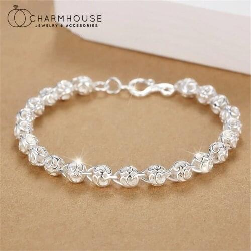 Pure Silver Charm Bracelets For Women 8mm Exquisite Ball Chain Bracelet & Bangle Pulseira Femme Wedding Jewelry Accesories Gifts