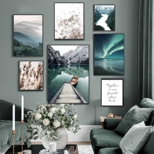 Living Room Decoration Canvas Painting Poster Nordic Green Mountains River Marble Jade Boat Aurora Reed Fog Forest Elk Picture