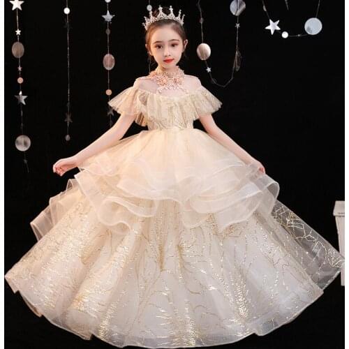 Elegant Champagne Girls Dress Sequin Flower Girls Wedding Evening Clothes Princess Party Long Gown Formal Holy Communion Dress