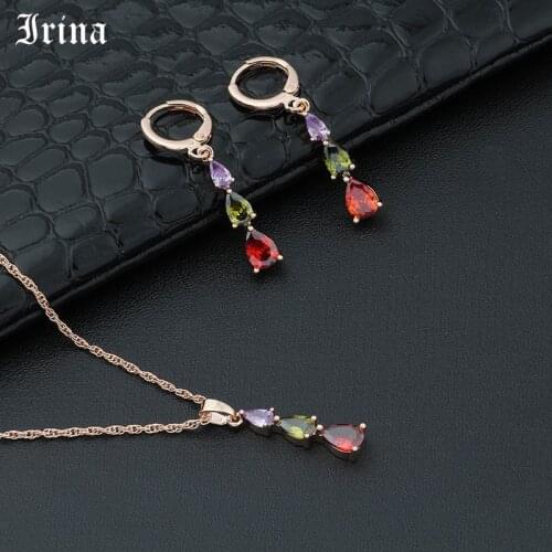 Irina Newest colorful Jewelry Sets for Women Drop Cubic Zircon Hypoallergenic Copper Necklace/Earrings Jewelry Sets Wholesale