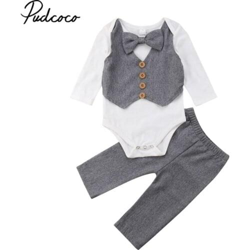 Toddler Baby Boy Kids Gentleman Clothes Sets Button Bow Bodysuits Gray vest Long Pants Outfits Set Wedding Party Boy Clothing