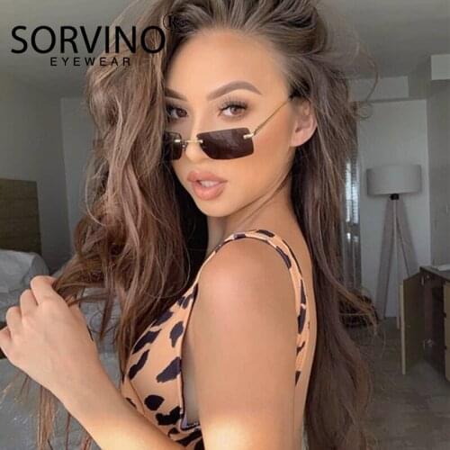 SORVINOGreen rectangular sunglasses rimless men metal fashion irregular sun glasses for women gradient lens frameless 2021 uv400