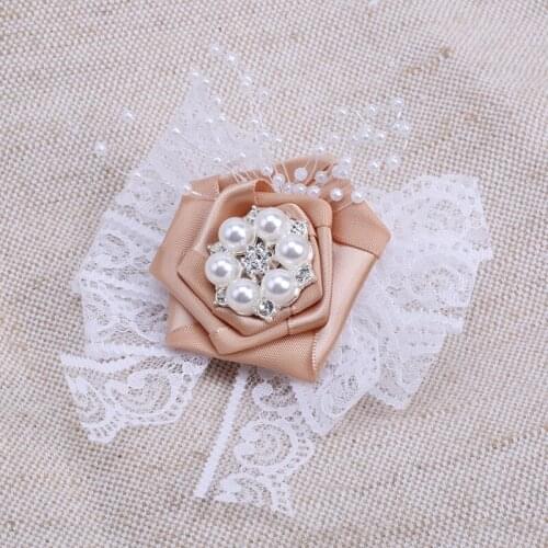 Luxury Groom Suit Lapel Pin Ribbon Rose Pearl Rhinestone Handmade Mens Corsage Wedding Dress Accessories XH051