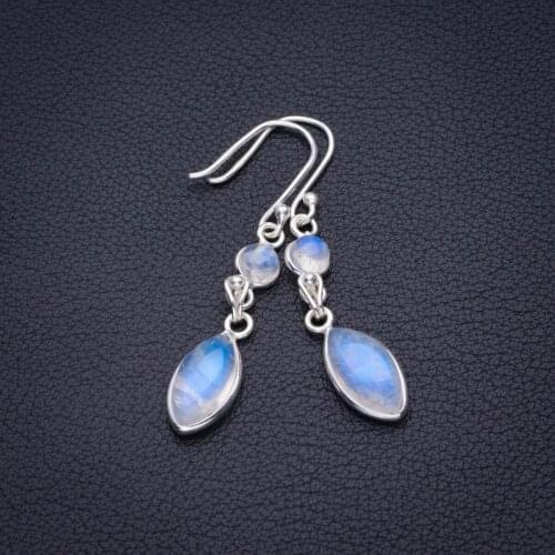 Natural Rainbow Moonstone Handmade 925 Sterling Silver Earrings 1.75" D3351