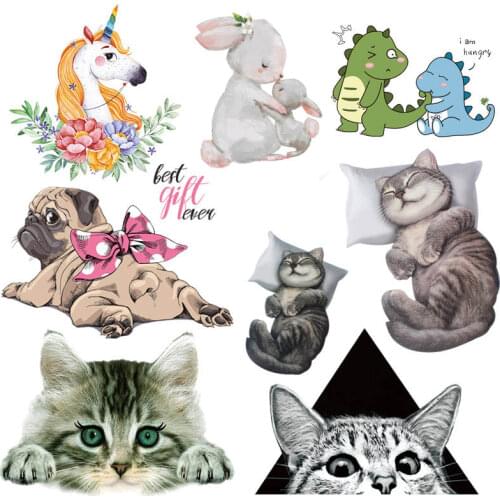 Cute Cat Animal Patches Iron-on Transfers For Clothing Stickers Cartoon Thermo-Sticker On Clothes Patches For Clothes Stripes
