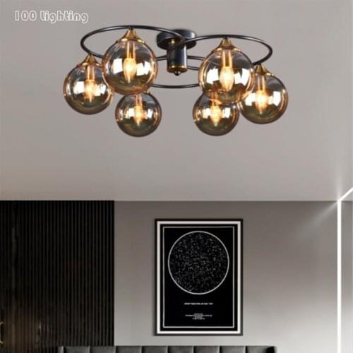 Modern Loft LED Ceiling Lamp Smoky gray Amber Glass Parlor Diningroom Bedroom Lighting Fixtures E14 Bulb Hanglamp 110-240V