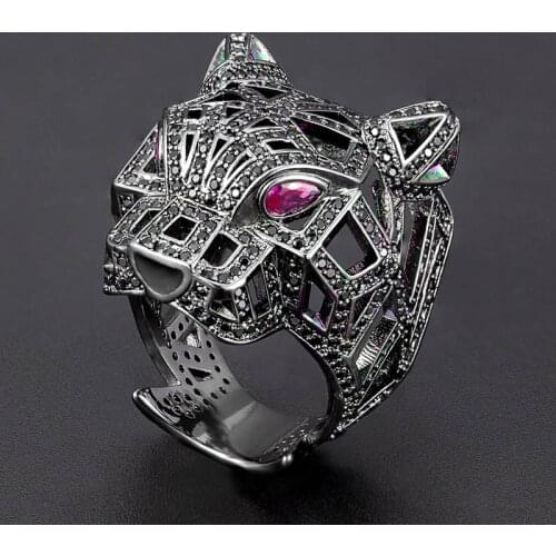 Zlxgirl jewelry Classic mens party finger ring jewelry black jet zircon copper leopard rings of men couple gifts anel aneis
