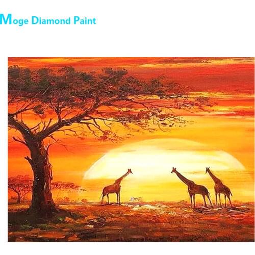 Sunset Grassland Giraffe Diamond Painting Round Full Drill DIY Mosaic Embroidery 5D Cross Stitch Africa Scenic Animal Pattern