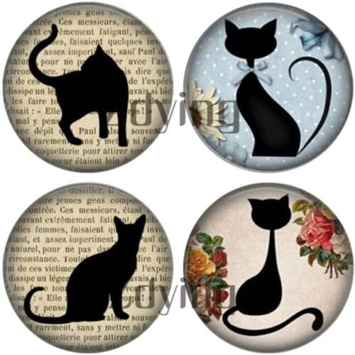 Zdying 5pcs Round Glass Black Cat Silhouette Picture Cabochons Dome Beads demo flat back DIY Jewelry Findings For Brooch Earring