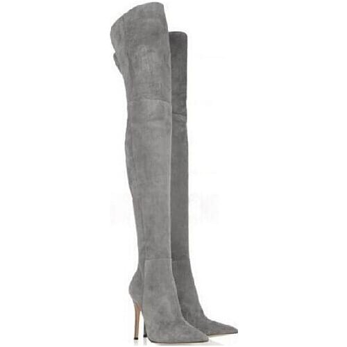 New Arrived women pointed toe thigh high bbots grey suede leather over knee boots slim thin sexy thigh high boots plus size 42