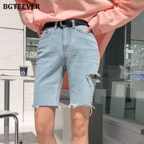 BGTEEVER Chic Casual Ripped Holes Women Half Jeans Pants 2021 Summer Ladies Denim Shorts High Waist Female Straight Jeans Shorts
