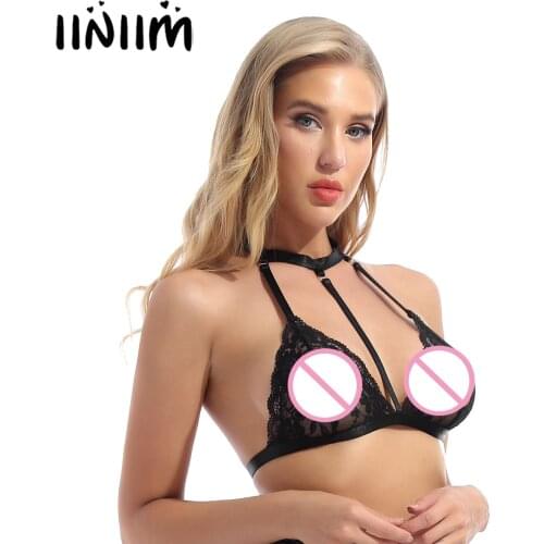 Women Sexy Exotic Bras See-through Lace Unlined Wireless Bra Tops Ladies Halter Neck Strappy Hollow Out Lingerie Brassiere